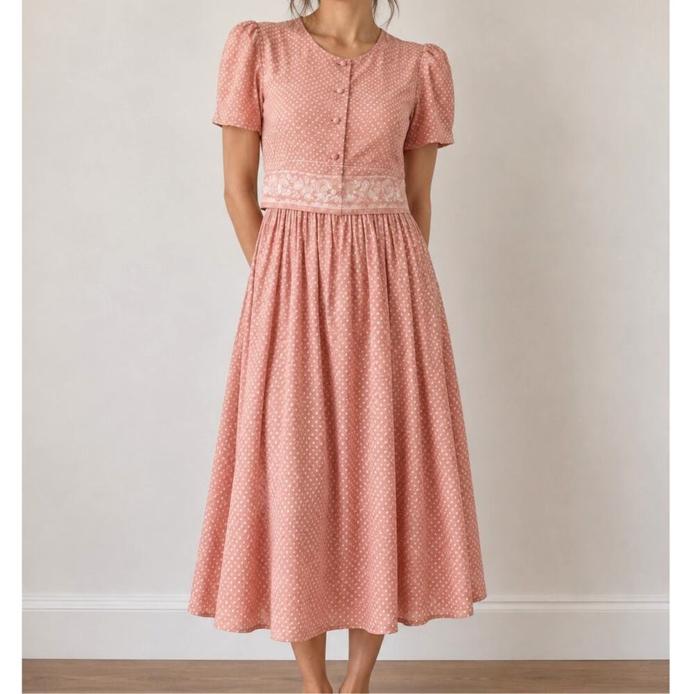 Vintage 90s Sunshine Starshine Pink Polka Dot Faux Two-Piece Maxi Dress Sz 10/M